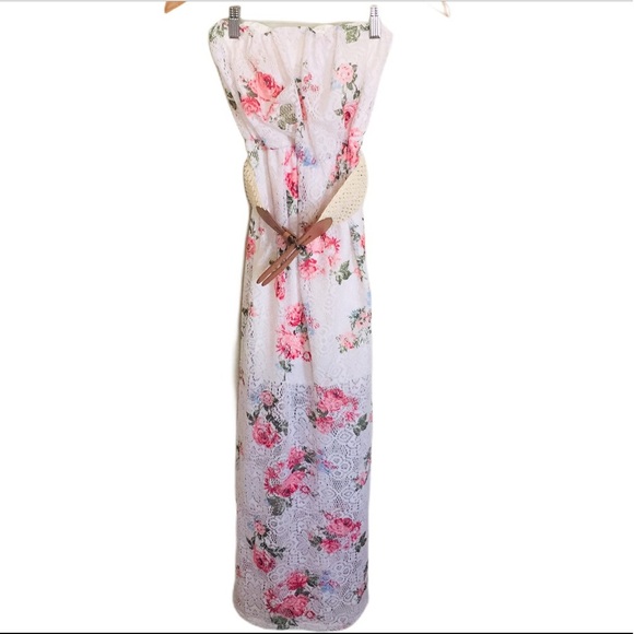 ARDENE Strapless Bandeau Fit Floral Maxi Dress With Belt Ivory/Pink Size Small - Picture 5 of 13